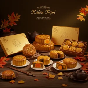 Món bánh Trung Thu chính hãng đẹp mắt được bày trong hộp quà sang trọng trên bàn gỗ truyền thống cùng lá mùa thu.