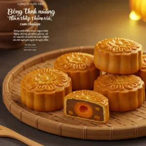 Bánh nướng nhân thập cẩm với hoa văn chạm trổ tinh tế, đặt trên khay tre dưới ánh sáng ấm áp.