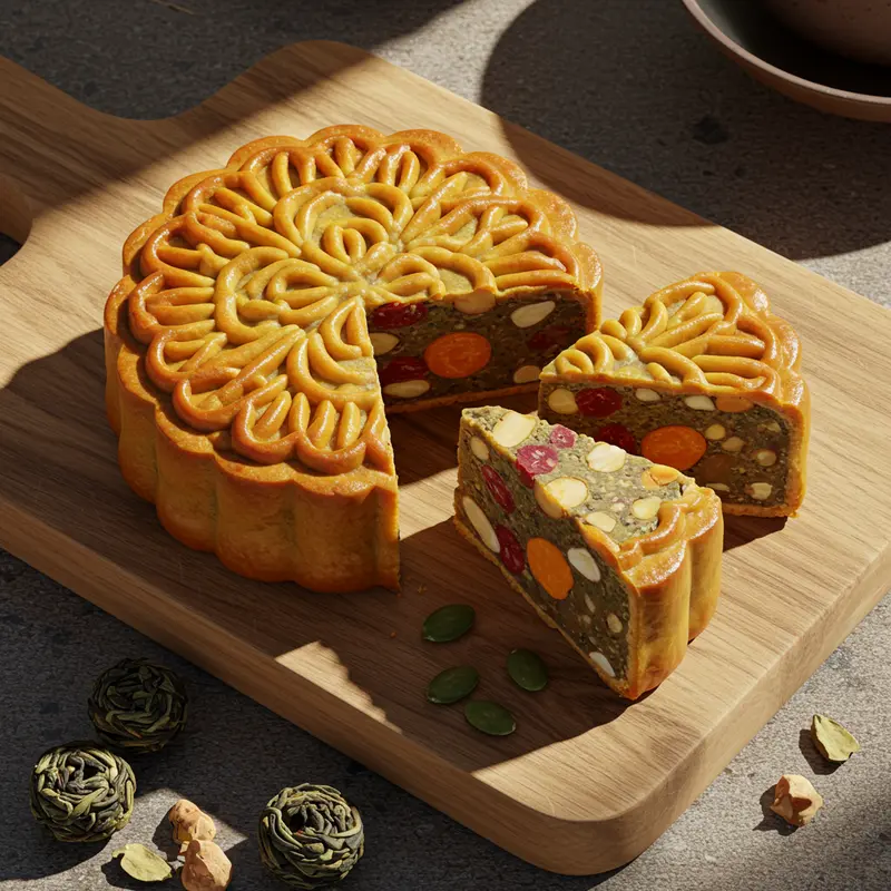 Bánh Trung Thu chay với nhân hạt và trái cây sấy khô đầy màu sắc, tượng trưng cho sự khác biệt tinh tế.