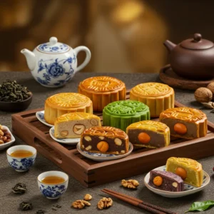 Bộ sưu tập bánh Trung Thu chay đa dạng, được cắt lát khéo léo, bày trên khay gỗ cùng tách trà ấm cúng.