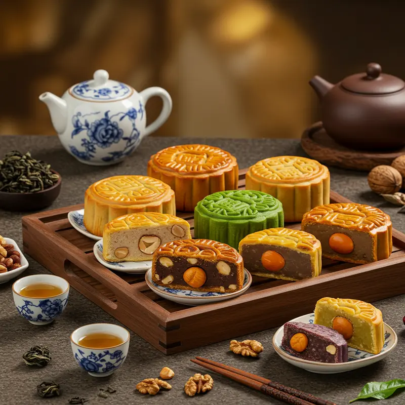Bộ sưu tập bánh Trung Thu chay đa dạng, được cắt lát khéo léo, bày trên khay gỗ cùng tách trà ấm cúng.