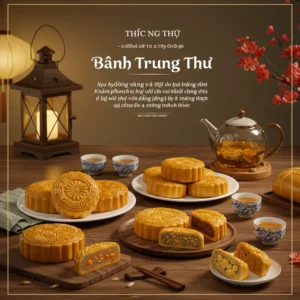 Nhiều chiếc bánh Trung Thu handmade được trang trí tinh xảo, đặt trên bàn gỗ cùng tách trà và đèn lồng truyền thống, tạo nên không khí ấm cúng và đẹp mắt.