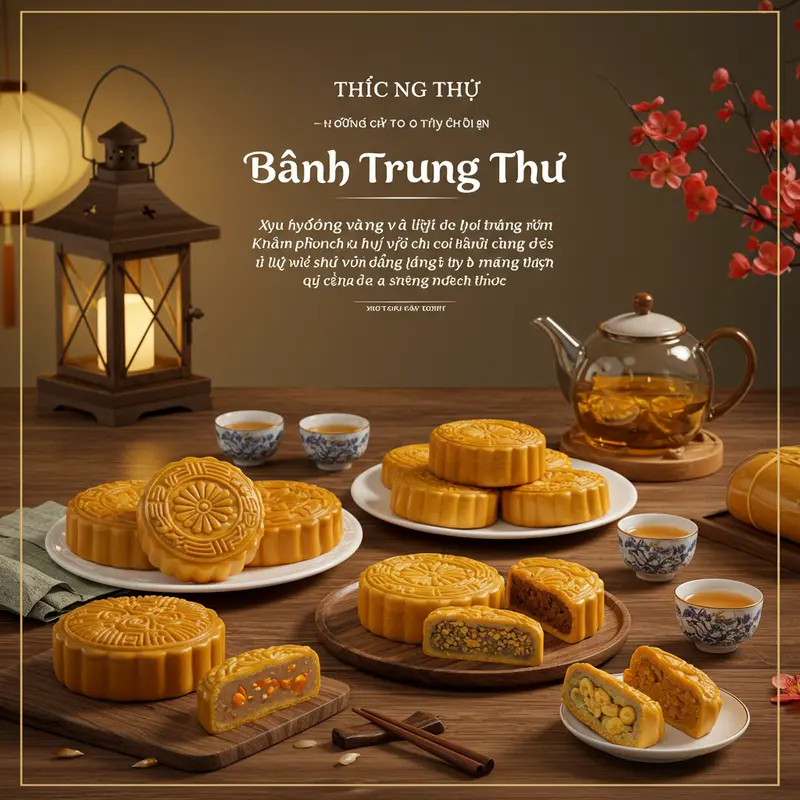 Nhiều chiếc bánh Trung Thu handmade được trang trí tinh xảo, đặt trên bàn gỗ cùng tách trà và đèn lồng truyền thống, tạo nên không khí ấm cúng và đẹp mắt.