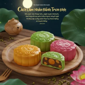 Bánh Trung Thu với nhân đậu xanh, khoai môn và hạt sen được bày trên đĩa gỗ dưới ánh trăng dịp Tết Trung Thu.