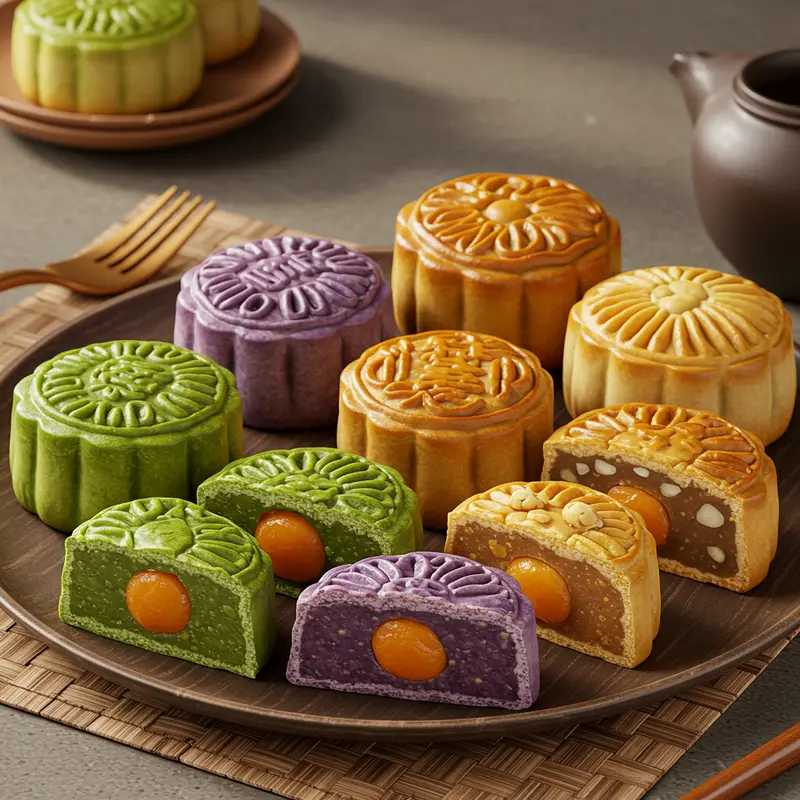 Bánh Trung Thu chay với nhân hạt và trái cây sấy khô đầy màu sắc, tượng trưng cho sự khác biệt tinh tế.