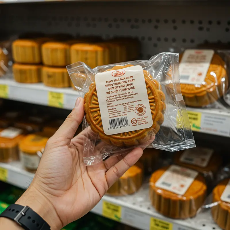 Bánh Trung Thu chay với nhân hạt và trái cây sấy khô đầy màu sắc, tượng trưng cho sự khác biệt tinh tế.