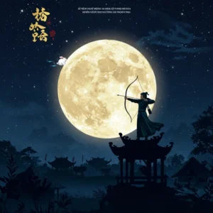 Chị Hằng Nga trên trăng cầm thỏ ngọc và Hậu Nghệ bắn cung dưới ánh trăng tròn rực rỡ