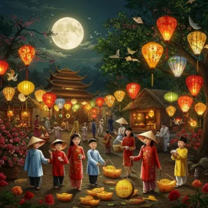 Cảnh gia đình và trẻ em vui chơi trong lễ hội Trung Thu với đèn lồng và bánh trung thu