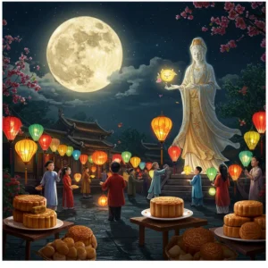 Một bức tranh chân thực về lễ hội Trung Thu với trẻ em cầm đèn lồng và trăng tròn chiếu sáng trên làng quê Việt Nam.