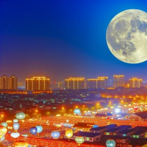 Cảnh trăng rằm trên thành phố với đèn lồng và lễ hội.