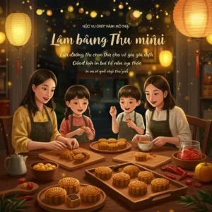 Gia đình đông thành viên làm bánh Trung Thu mini cùng nhau trong căn bếp ấm cúng với đèn lồng trong nền.