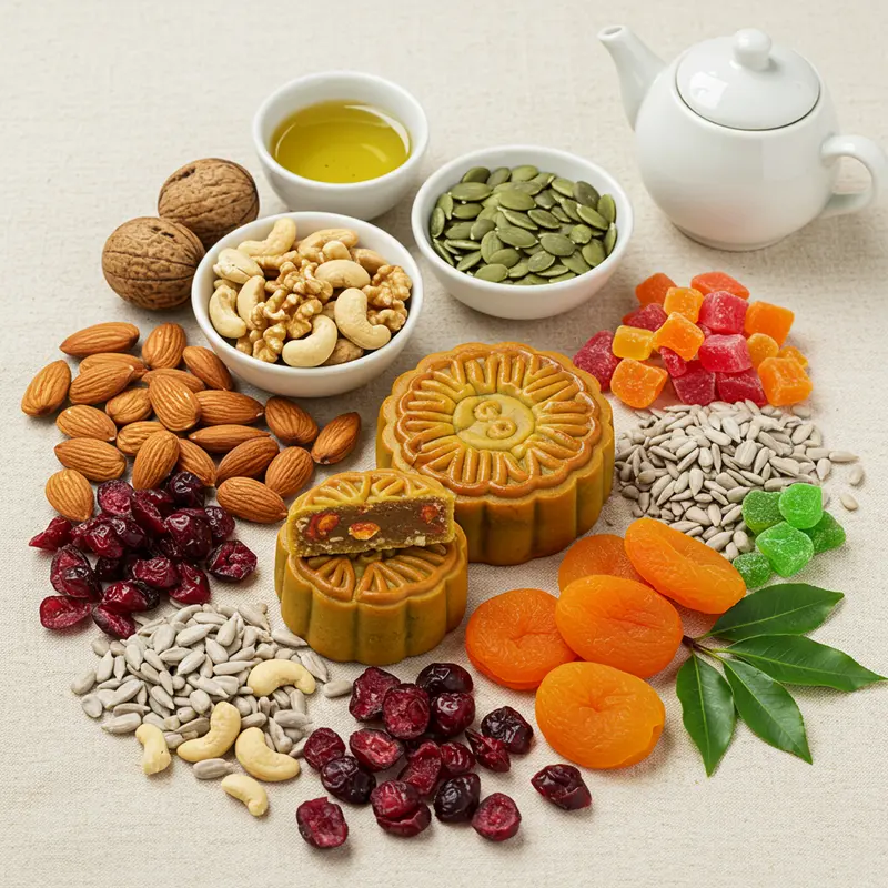 Bánh Trung Thu chay với nhân hạt và trái cây sấy khô đầy màu sắc, tượng trưng cho sự khác biệt tinh tế.