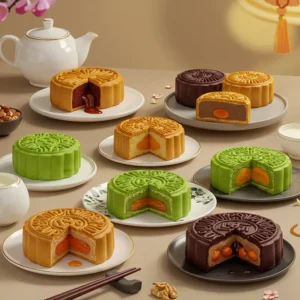 Bộ sưu tập bánh Trung Thu hiện đại đa dạng về hương vị và màu sắc, được sắp xếp đẹp mắt trên bàn.