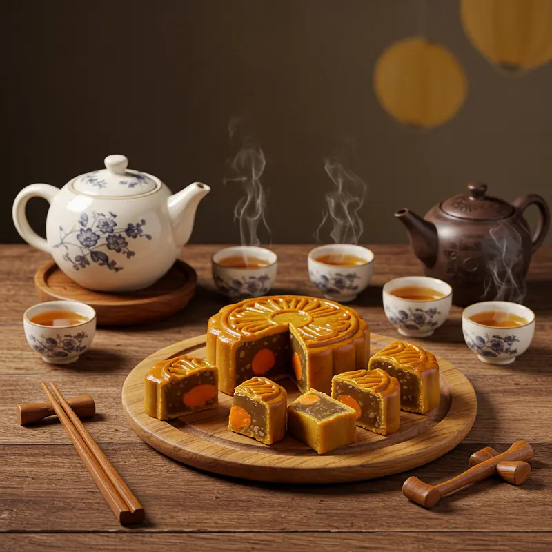 Bàn gỗ với bánh Trung Thu cắt lát, ấm trà và tách trà đang bốc hơi trong ánh sáng tự nhiên mềm mại