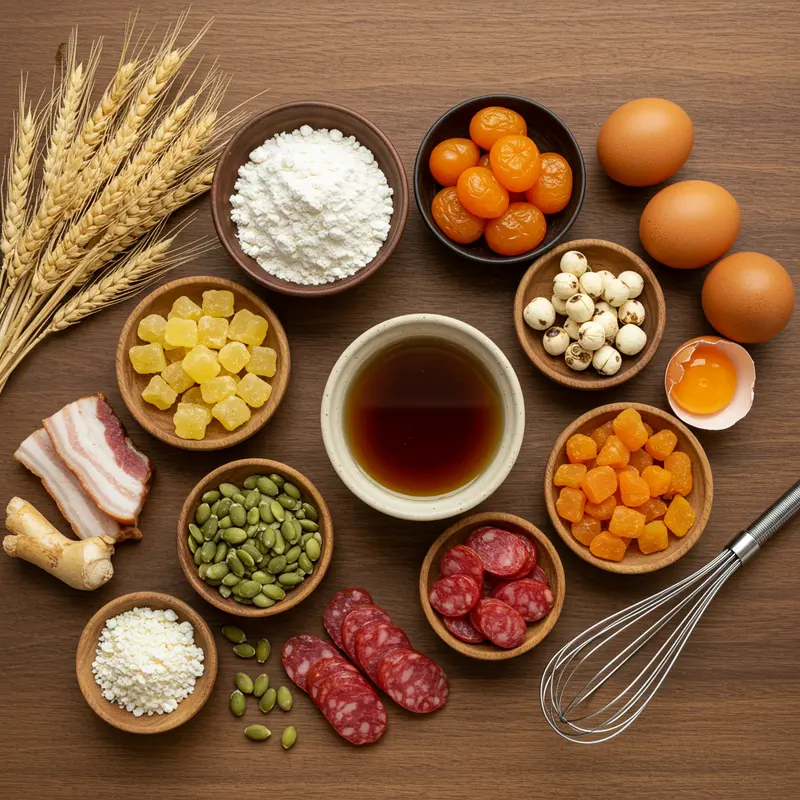 Nguyên liệu tươi ngon chuẩn bị cho bánh nướng nhân thập cẩm truyền thống.