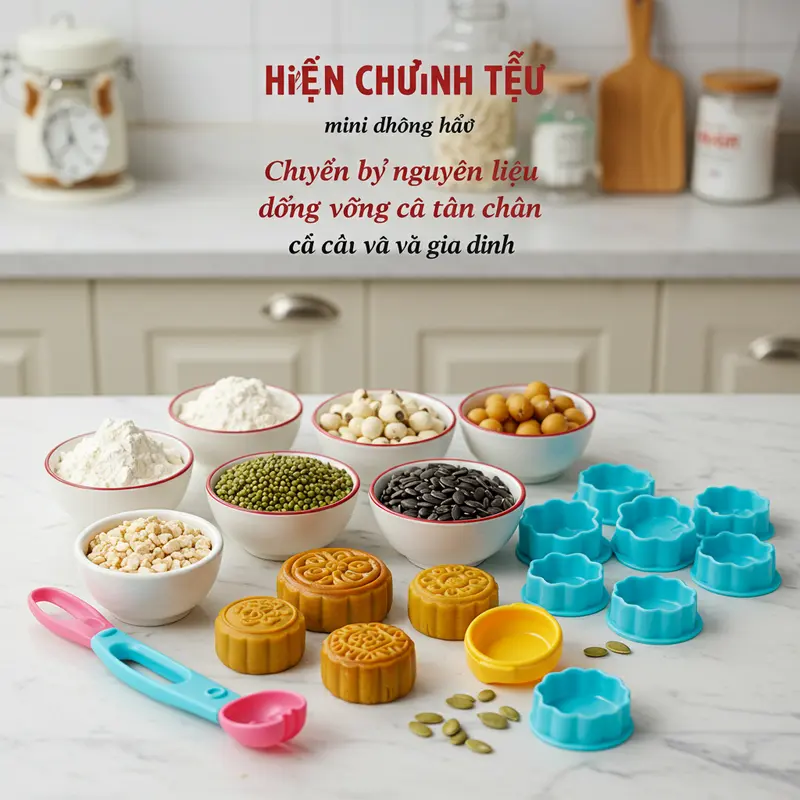 Dụng cụ và nguyên liệu an toàn, tươi sạch để làm bánh Trung Thu mini cho bé.
