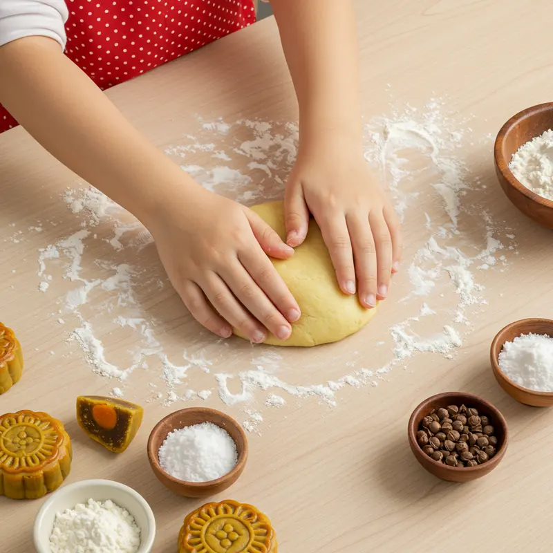 Dụng cụ và nguyên liệu an toàn, tươi sạch để làm bánh Trung Thu mini cho bé.
