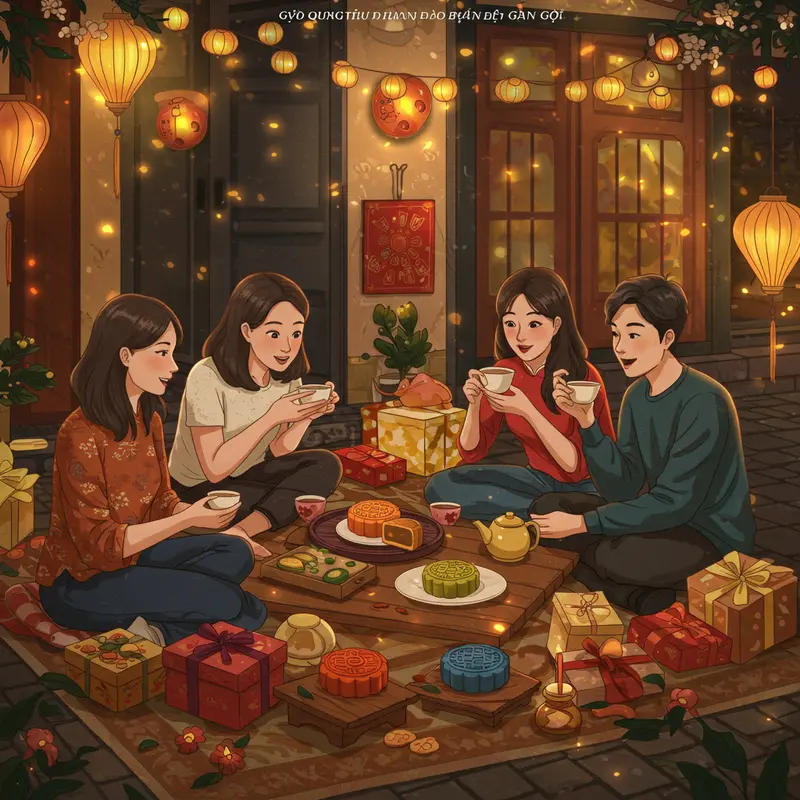 Món quà truyền thống với bánh trung thu, đèn lồng và trái cây cho gia đình dịp Trung Thu