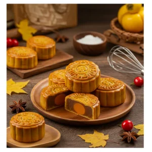 Bánh nướng vỏ mềm được đặt trên đĩa gỗ với ánh sáng ấm và các dụng cụ làm bánh truyền thống.