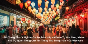 Vietnamese street with colorful lanterns for Mid-Autumn Festival.