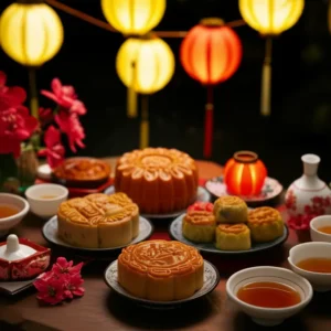 Khung cảnh buổi tối Trung Thu với ánh đèn lồng và bánh Trung Thu trên bàn gia đình.