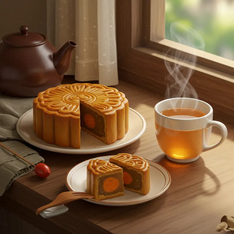 Gia đình quây quần bên mâm cỗ Trung Thu truyền thống, với bánh nướng là tâm điểm.