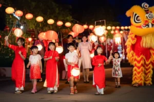 Bức tranh tổng quan về lễ hội Tết Trung Thu tại một ngôi làng với trẻ em cầm đèn lồng và gia đình quây quần.