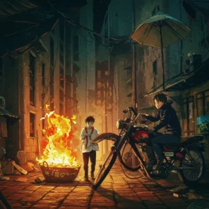 Hai bé mặc trang phục Trung Thu truyền thống và hiện đại cầm đèn lồng bên nhau trong ánh đèn đêm rực rỡ.