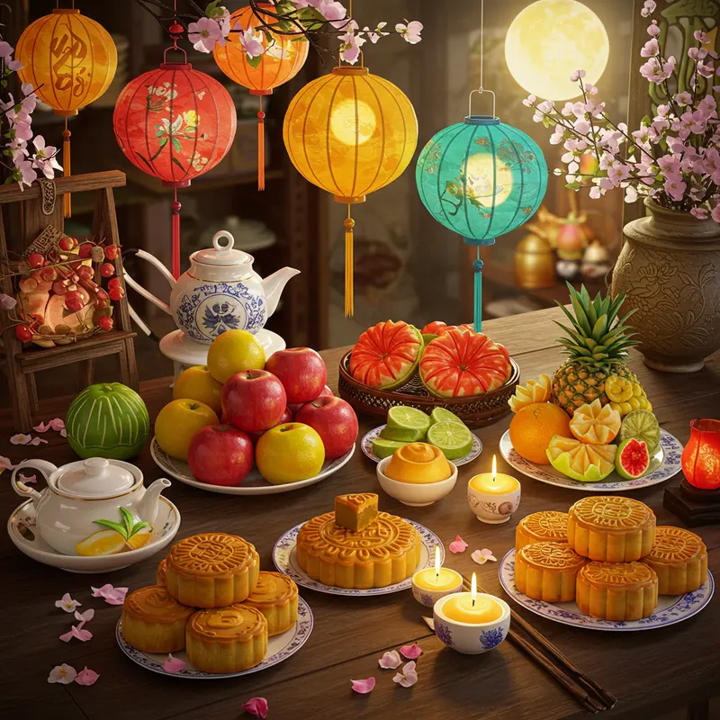 Mâm cỗ Trung Thu truyền thống với bánh nướng, bánh dẻo và hoa quả tươi ngon