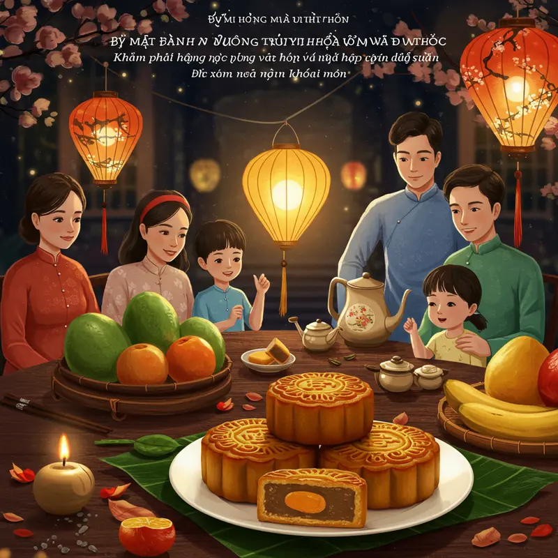 Gia đình quây quần bên mâm cỗ Trung Thu truyền thống, với bánh nướng là tâm điểm.
