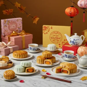 Bánh trung thu mochi Đài Loan sắc màu và mochi Nhật bản tối giản bày trên bàn sang trọng với hộp quà.