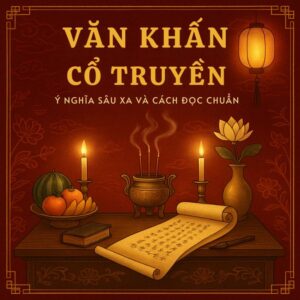 Hình ảnh một người Việt đang đọc văn khấn trước bàn thờ tổ tiên trong không gian thờ cúng truyền thống.