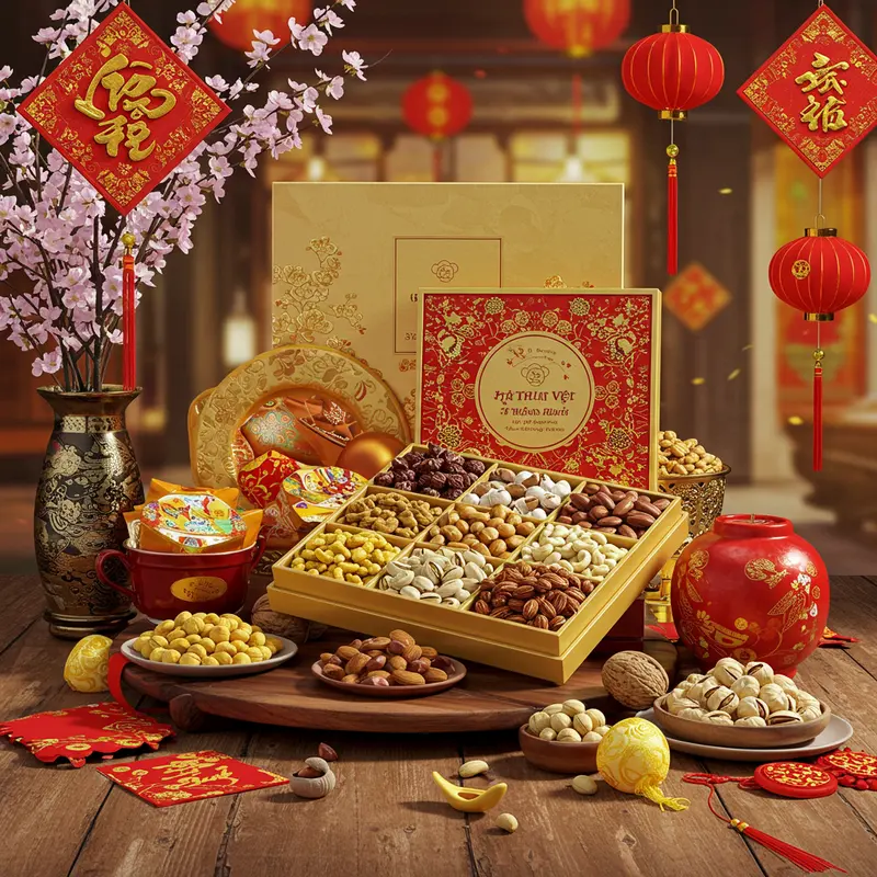 Hộp quà Tết với các loại hạt dinh dưỡng đa dạng trên nền bàn gỗ, có hoa mai, lồng đèn đỏ.
