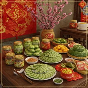 Bàn ăn Tết miền Bắc bày biện các món giò chả, bánh chưng, dưa hành cùng trang trí hoa đào rực rỡ.