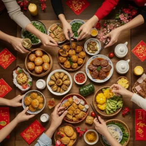 Bàn ăn Tết miền Trung với nem lụi, bánh thuẫn, tré và không khí đoàn viên ấm áp.