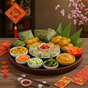 Bánh chưng và bánh tét vừa gói xong, trình bày cùng dưa món và lá dong, lá chuối trên khay gỗ lớn.