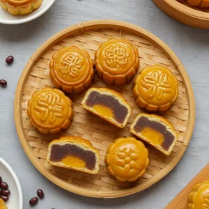 Ảnh trên xuống những chiếc bánh trung thu mini nhân đậu xanh, khoai môn xếp trên mẹt tre dưới ánh sáng tự nhiên.