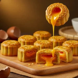 Bánh mini với nhân trứng muối lava tan chảy, sắp đều trên thớt gỗ sáng màu.