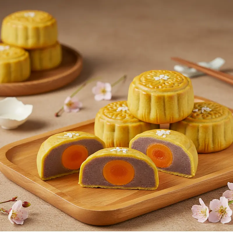 Những chiếc bánh mochi khoai môn trứng muối được bày trên khay gỗ, cắt đôi khoe lớp vỏ, nhân khoai môn tím và trứng muối vàng rực.