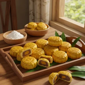Khay bánh mochi trung thu tự làm bên cạnh tô bột nếp trắng và lá xanh.