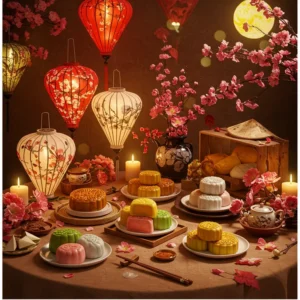 Bàn Trung Thu Việt Nam với bánh mochi các màu, đèn lồng, hoa trang trí tỉ mỉ, không khí ấm cúng.