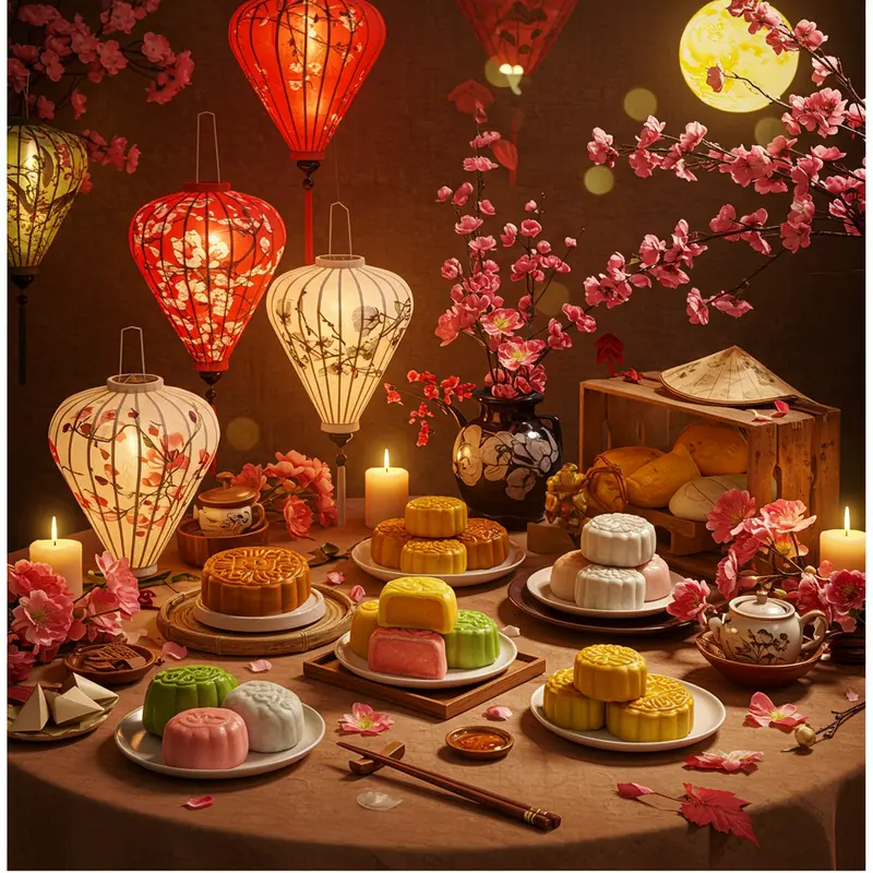 Bàn Trung Thu Việt Nam với bánh mochi các màu, đèn lồng, hoa trang trí tỉ mỉ, không khí ấm cúng.