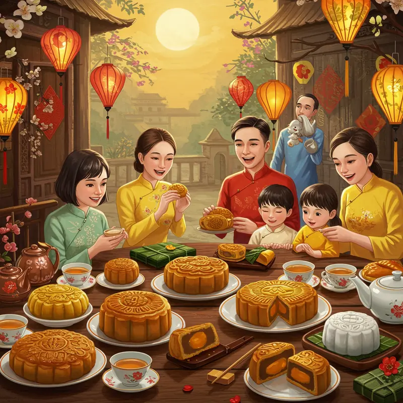 Mâm cỗ Trung Thu với bánh nướng và bánh dẻo truyền thống.