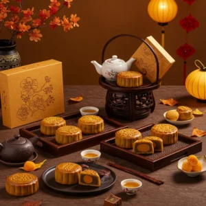 Bánh trung thu cỡ lớn được bày biện bên khay trà trong khung cảnh đèn lồng rực rỡ, tạo cảm giác sum vầy.