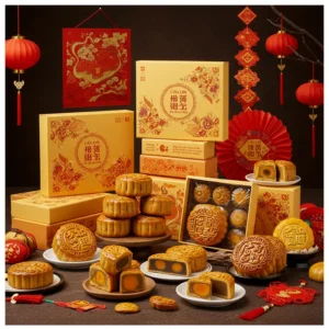 Hình ảnh bánh Trung Thu cao cấp đóng hộp cùng trang trí mùa lễ hội.