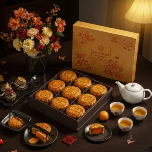 Hộp bánh Trung Thu cao cấp với hoa, trà, phụ kiện doanh nghiệp trên bàn gỗ, tạo cảm giác sang trọng và gắn kết.