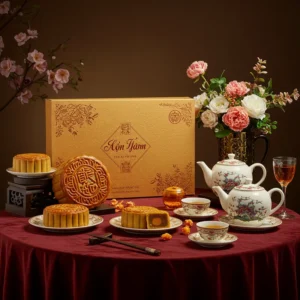 Ảnh hộp bánh Trung Thu cao cấp, bánh nướng và trà, trang trí hoa, ánh sáng ấm áp.