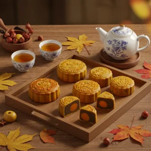 Mâm gỗ đặt nhiều chiếc bánh Trung Thu chay đẹp mắt cùng ly trà và lá rụng trên bàn gỗ.