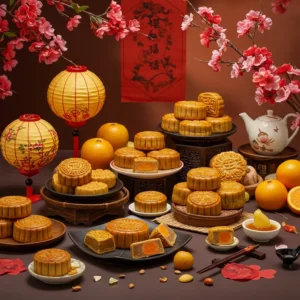 Bánh Trung Thu đa dạng màu sắc, kiểu dáng, bày trên bàn cùng đèn lồng và trái cây.