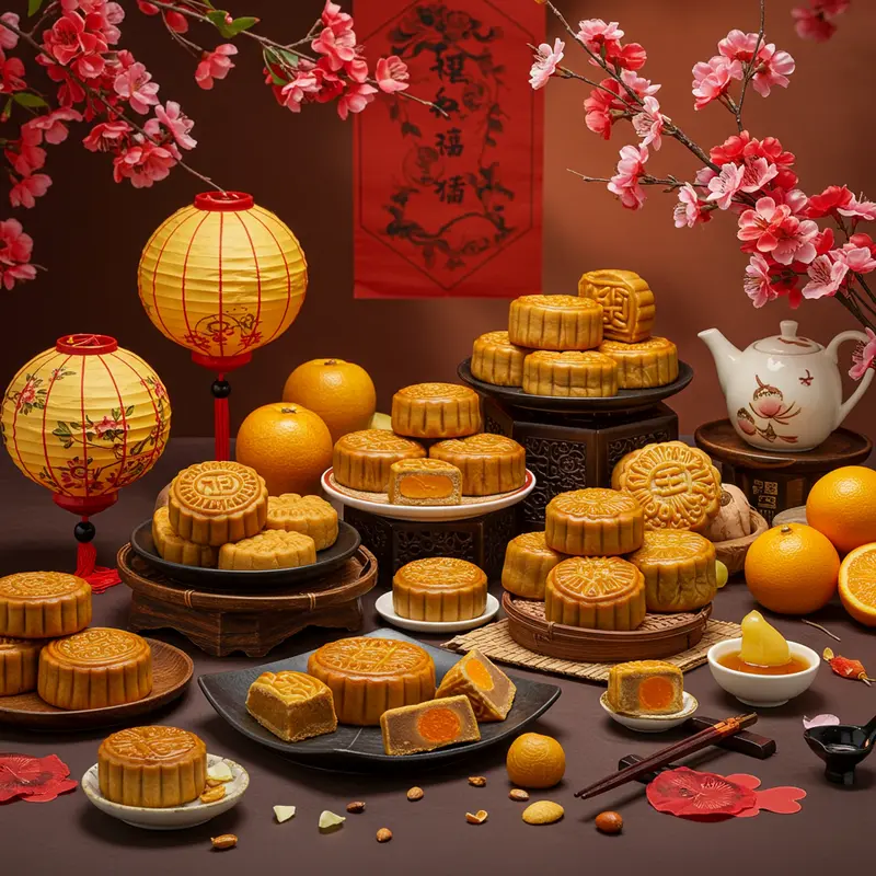 Bánh Trung Thu đa dạng màu sắc, kiểu dáng, bày trên bàn cùng đèn lồng và trái cây.